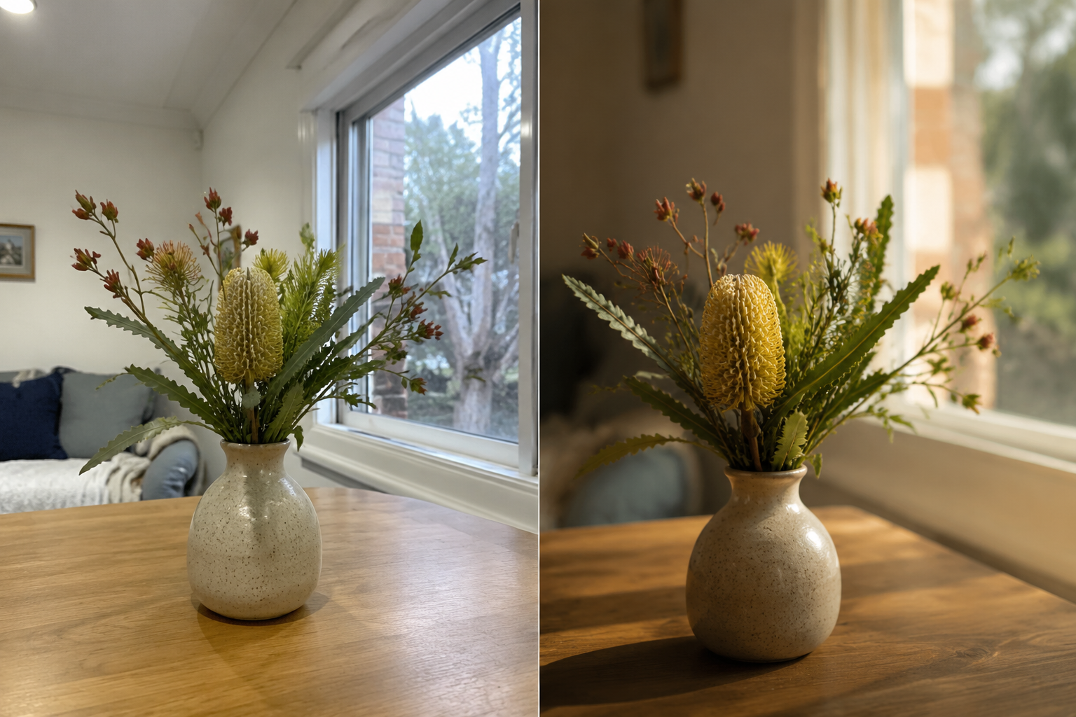 The same flower arrangement before and after improving light and composition