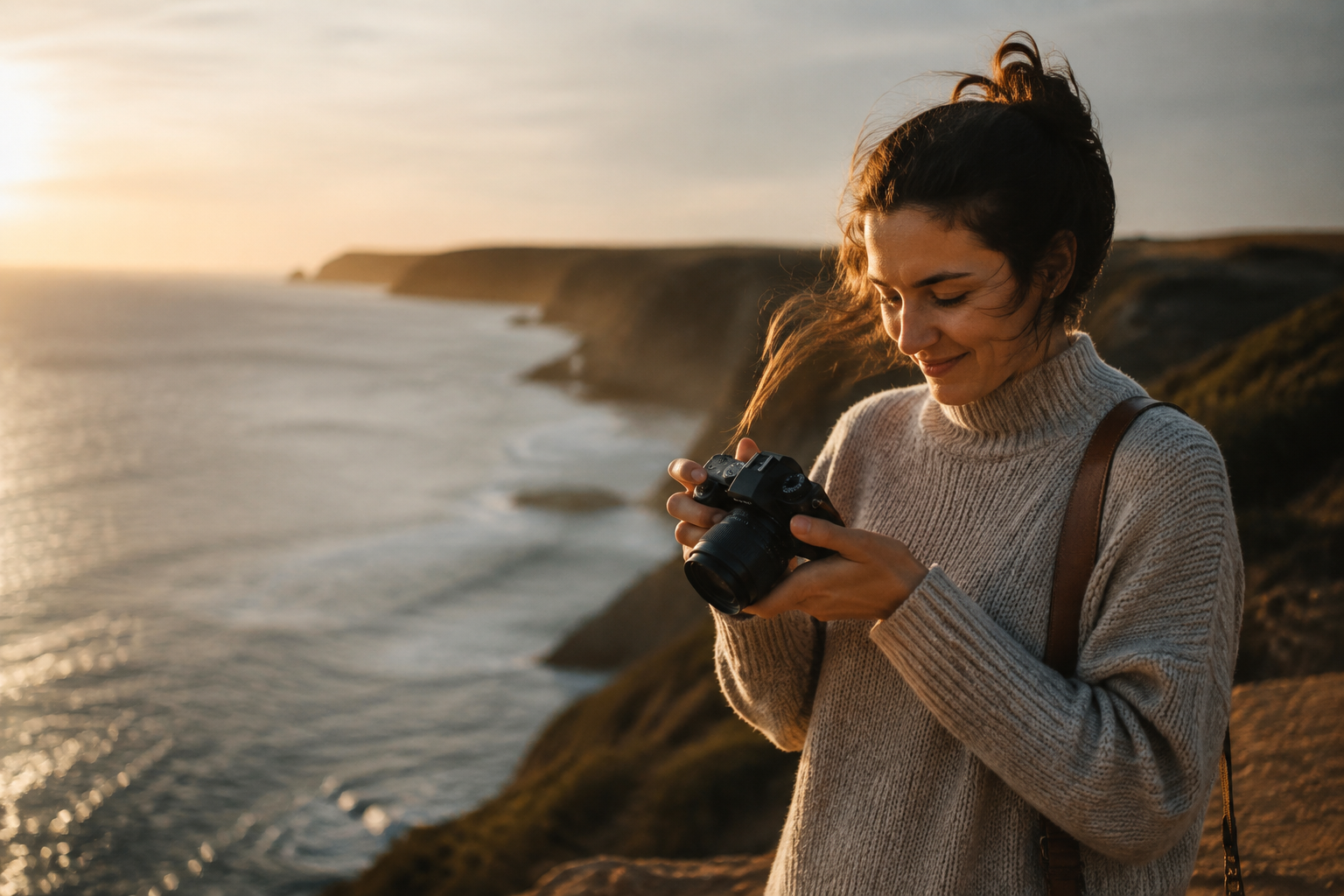 Beginner photographer reviewing her camera at a coastal lookout